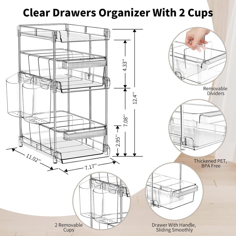WAKISA Clear Bathroom Organizers 2 Sets 3 Tier, Pull Out Organizer and Storage with 2 Cups, Slide Out Drawer Storage Container with 6 Dividers, Multi-Purpose Bathroom Organizer, Kitchen Under Sink Organizer - Image 5
